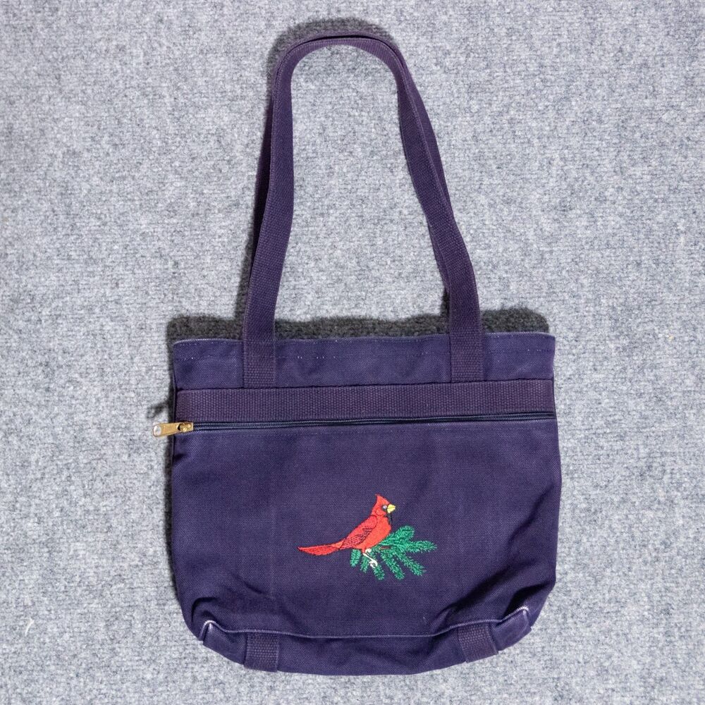 VTG My Maine Bag Cardinal Bird Embroidered Canvas Handbag Navy Blue Small 12"